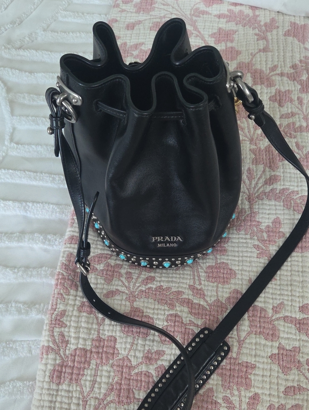 Black Leather Bucket Bag with Turquoise Stud Accents - Picture 10 of 12
